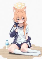  animal_ear_fluff animal_ears black_jacket black_shorts blue_archive blue_eyes blush bottle cat_ears collarbone extra_ears female greenkohgen gym_shorts hair_between_eyes halo highres jacket long_hair long_sleeves mari_(blue_archive) mari_(track)_(blue_archive) official_alternate_costume open_clothes open_jacket open_mouth orange_hair shirt short_sleeves shorts sitting socks solo track_jacket water_bottle white_shirt white_socks yellow_halo yokozuwari 