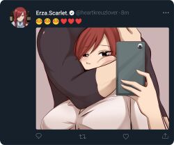  1boy black_bodysuit bodysuit breasts brown_eyes character_name emoji erza_scarlet fairy_tail female flexing_around_head_(meme) grey_background heart highres holding holding_phone jellal_fernandes joshdinobarney large_breasts long_sleeves looking_at_viewer meme phone red_hair selfie simple_background twitter twitter_screenshot twitter_username 