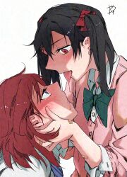  2girls after_kiss bandaid bandaid_on_hand black_hair blood blood_from_mouth bow bowtie cardigan collared_shirt commentary_request eye_contact green_bow green_bowtie hairbow hand_on_another&#039;s_face highres looking_at_another love_live! love_live!_school_idol_project medium_hair multiple_girls nishikino_maki otonokizaka_school_uniform pink_cardigan purple_eyes red_bow red_eyes red_hair school_uniform shirt simple_background surfacedxxc tongue tongue_out twintails upper_body white_background white_shirt yazawa_nico yuri 