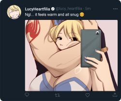  1boy arm_tattoo blonde_hair breasts character_name cleavage english_text fairy_tail female flexing_around_head_(meme) hair_ribbon highres holding holding_phone joshdinobarney large_breasts looking_at_viewer lucy_heartfilia meme muscular muscular_male nail_polish natsu_dragneel phone ribbon selfie shoulder_tattoo smile tattoo twitter twitter_screenshot twitter_username 