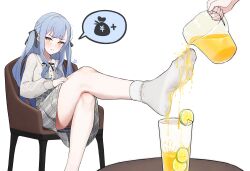  absurdres bang_dream! bang_dream!_it&#039;s_mygo!!!!! blue_hair blush closed_mouth feet female food foot_focus fruit grey_skirt hair_ribbon highres juice lan_mao_akko lemon lemon_slice long_hair long_sleeves looking_at_viewer no_shoes pouring_onto_another ribbon shirt sitting skirt socks solo_focus spoken_money togawa_sakiko two_side_up very_long_hair white_shirt white_socks yellow_eyes 