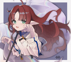  :3 absurdres ahoge arknights blush breasts claw_pose cleavage earrings female flag green_eyes highres jacket jewelry long_hair looking_at_viewer myrtle_(arknights) open_mouth photoshop_(medium) pointy_ears red_hair saw272 scarf solo tank_top white_jacket white_tank_top 