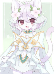  animal_ear_fluff animal_ears body_fur bow cat_ears cat_tail clothing_cutout detached_sleeves dress female flower furrification furry furry_female green_bow green_dress grey_fur hair_between_eyes hair_flower hair_ornament halter_dress halterneck highres kokkoro_(princess)_(princess_connect!) kokkoro_(princess_connect!) kuzuyu looking_at_viewer navel navel_cutout oerba_yun_fang official_alternate_costume open_mouth pink_flower princess_connect! purple_eyes short_hair smile solo tail 