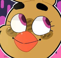  animatronic anthro avian beak bird blush chica_(fnaf) chicken eyebrows eyelashes feathers female five_nights_at_freddy&#039;s galliform gallus_(genus) hi_res icon machine phasianid pink_background purple_background purple_eyes reaction_image robot simple_background smile snazzamazing video_games yellow_body yellow_feathers 