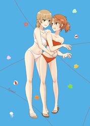  2girls absurdres arms_around_waist asymmetrical_bangs ball beachball bikini blue_background blush breasts brown_hair commentary_request edamoto_haru full_body green_eyes highres hug looking_at_another multiple_girls navel nyamo open_mouth orange_eyes orange_hair ponytail saeki_sayaka shell short_hair slippers starfish swimsuit umbrella_octopus white_bikini yagate_kimi_ni_naru yagate_kimi_ni_naru:_saeki_sayaka_ni_tsuite yuri 