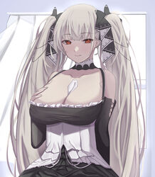  azur_lane bare_shoulders between_breasts black_dress black_ribbon breasts cleavage clothing_cutout commentary_request detached_collar dress female formidable_(azur_lane) frilled_dress frills grey_hair hair_ribbon hands_on_own_chest highres large_breasts light_smile long_hair looking_at_viewer necktie necktie_between_breasts partial_commentary red_eyes ref_(pmxt4483) ribbon shoulder_cutout solo twintails two-tone_dress two-tone_ribbon very_long_hair white_ribbon 