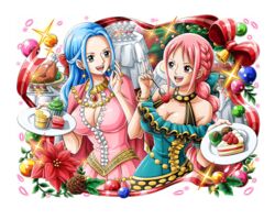  2girls bell blue_hair bow breasts brown_eyes cake cake_slice cupcake flower food holding holding_plate holly leaf multiple_girls nefertari_vivi official_art one_piece one_piece_treasure_cruise open_mouth pinecone pink_hair plate rebecca_(one_piece) red_ribbon ribbon teeth transparent_background upper_teeth_only 