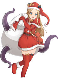  abigail_williams_(fate) absurdres antlers bao_(s_888) black_bow blonde_hair blue_eyes blush bow christmas commentary_request dress fate/grand_order fate_(series) female forehead hairbow hat highres holding holding_sack horns long_hair long_sleeves looking_at_viewer orange_bow parted_bangs polka_dot polka_dot_bow red_dress red_hat red_thighhighs reindeer_antlers sack santa_costume santa_dress santa_hat simple_background sleeves_past_fingers sleeves_past_wrists solo stuffed_animal stuffed_toy teddy_bear tentacle thighhighs very_long_hair white_background 