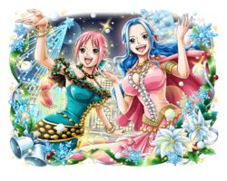  2girls bell blue_hair brown_eyes dress green_dress green_ribbons multiple_girls nefertari_vivi official_art one_piece one_piece_treasure_cruise open_mouth pink_dress pink_hair rebecca_(one_piece) ribbon snowflakes teeth upper_teeth_only 