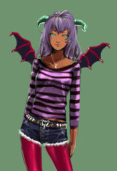  aqua_eyes bad_id bad_pixiv_id bat_wings belt belt_buckle breasts buckle casual commentary_request cowboy_shot cutoffs dark-skinned_female dark_skin demon_girl denim denim_shorts dragon_quest dragon_quest_v female green_background horns jewelry long_hair long_sleeves looking_away messala_(dragon_quest) midriff mini_wings necklace pantyhose pantyhose_under_shorts personification purple_hair red_pantyhose sakamoto_kengo shirt short_shorts shorts simple_background small_breasts solo standing striped_clothes striped_shirt studded_belt wings 