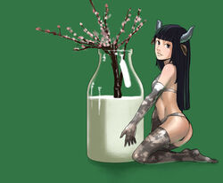  animal_ears bikini black_eyes black_hair bottle commentary_request copyright_request cow_ears cow_girl elbow_gloves female gloves horns md5_mismatch milk resolution_mismatch sakamoto_kengo solo source_smaller swimsuit thighhighs 