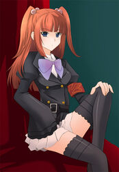  armband black_thighhighs blue_eyes bow bowtie commentary_request female hair_bobbles hair_ornament long_hair megumi_ryouko red_hair sitting solo thighhighs umineko_no_naku_koro_ni ushiromiya_ange zettai_ryouiki 