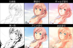  blue_eyes celestial_s commentary_request earrings female final_fantasy final_fantasy_xiii jewelry long_hair parody pink_hair serah_farron side_ponytail smile translated 