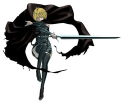  blonde_hair cape clare_(claymore) claymore_(series) commentary_request detached_sleeves female grey_eyes legs lips sakamoto_kengo short_hair simple_background solo sword thighhighs weapon 