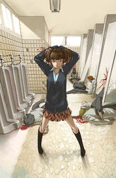  arms_behind_head arms_up black_socks blood blue_eyes brown_hair cardigan closed_mouth collared_shirt commentary_request corpse day female indoors kneehighs legs legs_apart long_hair long_sleeves looking_at_viewer miniskirt open_collar original plaid plaid_skirt pleated_skirt sakamoto_kengo school_uniform shirt skirt socks solo_focus standing toilet twintails urinal white_shirt window 