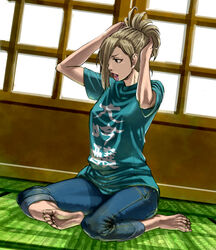  adjusting_hair barefoot blade_of_the_immortal blonde_hair brown_eyes capri_pants casual commentary_request denim dutch_angle feet female hyakurin jeans long_hair on_floor pants sakamoto_kengo shirt sitting soles solo t-shirt tatami yokozuwari 