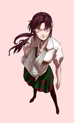  arm_sling bandages bandaid cast commentary_request evangelion:_2.0_you_can_(not)_advance female from_above full_body glasses hairband makinami_mari_illustrious neon_genesis_evangelion pantyhose plaid plaid_skirt rebuild_of_evangelion sakamoto_kengo school_uniform simple_background skirt smile solo twintails 