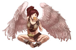  aion angel_wings breasts brown_hair commentary_request elyos feet female food fruit large_breasts long_hair midriff navel orange_(fruit) ponytail red_eyes sakamoto_kengo simple_background sitting solo toes wings 