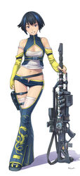  absurdres bare_shoulders black_hair blue_eyes blue_hair capacitor chaps commentary crotchless crotchless_pants detached_sleeves dmitry_popov dragon female flat_chest grin gun gun_sling highres holster hypnophobia kat_wong midriff multicolored_hair navel open_fly pants railgun scope short_hair short_shorts shorts simple_background smile solo strap_slip thigh_gap thigh_holster thigh_strap thighhighs two-tone_hair unzipped weapon white_thighhighs zipper 