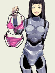  android animification arm_behind_back black_eyes black_hair bra brown_background commentary_request female holding hrp-4c joints lingerie long_hair panties real_life real_life_insert robot robot_joints sakamoto_kengo simple_background smile solo underwear 