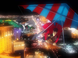  1boy arsene_lupin_iii bad_id bad_pixiv_id brown_hair casino city faddawdle hang_gliding highres jacket las_vegas lupin_iii male_focus mgm_grand necktie night photo_background red_jacket sideburns solo yellow_necktie 