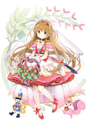  absurdres animal blush brown_eyes brown_hair closed_mouth commentary_request copyright_notice dress epaulettes female flower_knight_girl full_body highres holding kimishima_ao kurumi_(flower_knight_girl) long_hair looking_at_viewer nut_(food) nutcracker official_art red_footwear see-through shoes short_sleeves smile solo split_mouth squirrel standing standing_on_one_leg tiara two_side_up veil very_long_hair walnut watermark white_background white_dress 