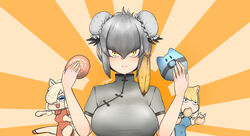  3girls :3 :d alpaca_suri_(kemono_friends) alternate_costume animal_ears blonde_hair blue_dress blue_eyes breasts bun_cover chibi china_dress chinese_clothes closed_mouth commentary double_bun dress food fox_ears frown grey_dress grey_hair hair_between_eyes hair_bun highres holding holding_food japari_bun japari_symbol john_(a2556349) kemono_friends looking_at_viewer lucky_beast_(kemono_friends) medium_breasts mouth_hold multicolored_hair multiple_girls red_dress shoebill_(kemono_friends) short_hair short_sleeves signature single_sidelock smile split_mouth straight-on sunburst sunburst_background tibetan_fox_(kemono_friends) upper_body yellow_eyes 