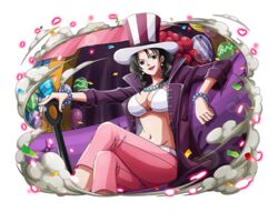  alvida_(one_piece) black_hair bra bracelet crossed_legs earrings female hat jacket jewelry long_hair looking_at_viewer necklace official_art one_piece one_piece_treasure_cruise open_clothes open_jacket pants pink_pants purple_jacket sitting solo top_hat transparent_background underwear white_bra 