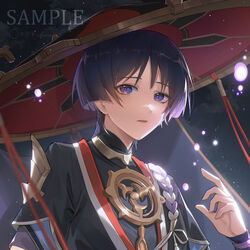  1boy absurdres black_hair blunt_ends blurry blurry_foreground commentary_request genshin_impact hand_up hat highres looking_at_viewer male_focus mujizi night open_mouth purple_eyes scaramouche_(genshin_impact) short_hair solo standing upper_body 