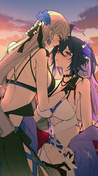  2girls ahoge alternate_costume back bare_shoulders bikini black_headwear blue_eyes blue_hair blue_nails blush breasts bronya_rand cloud cloudy_sky commentary couple crossed_bangs earrings english_commentary flower grey_eyes grey_hair hair_flower hair_ornament hand_on_another&#039;s_shoulder highres honkai:_star_rail honkai_(series) jewelry large_breasts long_hair looking_at_another multiple_girls nail_polish open_mouth outdoors seele_(honkai:_star_rail) sieka_(piiroinardesco) sky sunset swimsuit yuri 