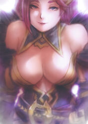  asukan bare_shoulders belt breasts cleavage detached_collar detached_sleeves dress feather_trim female fire_emblem fire_emblem_heroes hair_ornament hat large_breasts lips loki_(fire_emblem) long_hair looking_at_viewer mature_female pink_belt plunging_neckline purple_eyes purple_hair simple_background smile solo upper_body 