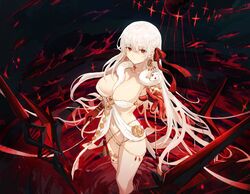  absurdres armlet bare_shoulders belly_chain body_markings bracelet breasts cleavage collarbone colored_skin commentary durga_(fate) earrings fate/grand_order fate_(series) female gradient_skin hair_ribbon highres jewelry large_breasts long_hair looking_at_viewer navel okonon_(kado_colda) outstretched_arm pelvic_curtain red_eyes red_skin revealing_clothes ribbon ripples sash snake solo thighs thumb_ring very_long_hair wading water weapon white_hair 