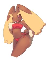  2019 anthro arm_tuft ass bandeau_bikini big_butt bikini biped black_sclera blonde_eyebrows brown_body brown_fur butt_grab clothed clothing curvy_figure ear_tuft eyebrows female fur generation_4_pokemon hand_on_butt hi_res lagomorph long_ears lopunny mammal nintendo one_eye_closed open_mouth open_smile pink_nose pokemon pokemon_(species) red_clothing red_eyes ruw_ruler short_tail side-tie_bikini side-tie_clothing side-tie_swimwear simple_background small_nose small_waist smile solo standing strapless_bikini strapless_clothing strapless_swimwear string_bikini swimwear tail thick_eyebrows thick_thighs tuft white_background wink yellow_body yellow_ears yellow_fur 