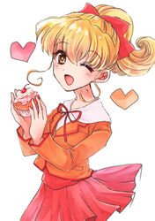  ;d asaesaya blonde_hair bow bowtie brown_eyes cherry cupcake curly_sidelocks female food fruit hairbow heart high_ponytail holding holding_food looking_at_viewer moriya_ririka nurse_angel_ririka_sos one_eye_closed open_mouth orange_shirt ponytail red_bow red_skirt shirt short_hair sidelocks simple_background skirt smile solo upper_body white_background 