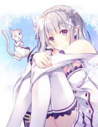  animal bare_shoulders blush braid breasts cleavage commentary_request crossed_arms earrings elf emilia_(re:zero) eyebrows feline female flower grey_hair hair_flower hair_ornament hair_ribbon hugging_own_legs itoichi. jewelry long_hair looking_at_viewer medium_breasts necklace pleated_skirt pointy_ears puck_(re:zero) purple_eyes purple_ribbon re:zero_kara_hajimeru_isekai_seikatsu revision ribbon skirt smile thighhighs white_flower white_legwear white_skirt x_hair_ornament zettai_ryouiki 