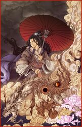  1boy black_hair border brown_coat brown_eyes cloud cloudy_sky coat dragon facial_hair fur_trim hair_ornament highres holding kiarou long_hair male_focus plant ponytail red_border sash shang_bu_huan sky solo thunderbolt_fantasy umbrella upper_body 