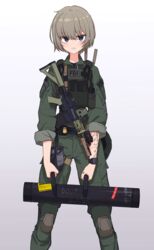  absurdres ar-15 battering_ram bebetang black_eyes blush brown_hair english_commentary fbi female grin gun highres long_sleeves looking_at_viewer original parted_lips rifle short_hair smile solo tattoo teeth weapon 