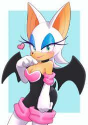  2022 bare_shoulders bat breasts cleavage clothed clothing eyeshadow female green_eyes half-closed_eyes heart_symbol lipstick looking_at_viewer makeup mammal membrane_(anatomy) membranous_wings narrowed_eyes rouge_the_bat sega smile solo sonic_the_hedgehog_(series) unousaya wings 