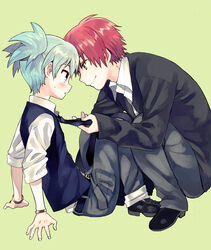  2boys akabane_karma amezawa_koma ansatsu_kyoushitsu arm_support belt black_belt black_footwear black_jacket blue_eyes blue_hair blue_necktie blue_vest blush bracelet closed_mouth commentary_request from_side full_body green_background grey_pants jacket jewelry kunugigaoka_middle_school_uniform light_blue_hair long_sleeves looking_at_another male_focus multiple_boys necktie necktie_grab neckwear_grab open_clothes open_jacket pants parted_lips profile red_hair school_uniform shiota_nagisa shirt shoes short_hair simple_background sitting sleeves_past_elbows sleeves_rolled_up smile squatting twintails vest white_shirt yaoi yellow_eyes 