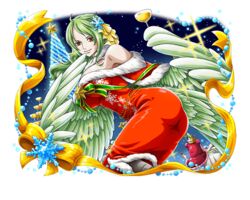  alcohol champagne christmas_tree dress feathered_wings female green_hair hair_ornament harpy long_hair looking_at_viewer monet_(one_piece) monster_girl night night_sky official_alternate_costume official_art one_piece one_piece_treasure_cruise orange_eyes red_dress ribbon sky snowflakes winged_arms wings yellow_ribbon 