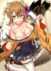  animal_ears bare_shoulders black_skirt blush breasts brown_eyes brown_hair cleavage colossus commentary_request female flower hair_flower hair_ornament highres japanese_clothes kamome_yuu large_breasts looking_at_viewer mole mouth_hold multicolored_hair nail_polish original pleated_skirt short_hair signature skirt solo standing standing_on_one_leg tail thighhighs two-tone_hair white_thighhighs zettai_ryouiki 