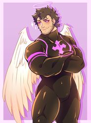  1boy angel angel_wings bara beard black_bodysuit black_hair bodysuit bulge crossed_arms facial_hair feathered_wings highres lisuchi male_focus mature_male muscular muscular_male nether_angel_(housamo) pectorals short_hair sideburns skin_tight smile solo sparkle stubble thick_thighs thighs tokyo_afterschool_summoners wings 