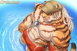  1boy abs alternate_costume animal_ears animated animated bara baseball_cap beach blinking bouncing_pecs bulge commentary english_commentary from_above furry furry_male hat large_pectorals lifeguard long_hair looping_animation male_focus male_swimwear muscular muscular_male navel nipples outdoors paid_reward_available pang_(sdorica) partially_submerged patreon_logo patreon_username pectorals red_male_swimwear sdorica smile sollyz solo stomach swim_briefs tail tiger_boy tiger_ears tiger_tail topless_male water watermark web_address whistle whistle_around_neck 