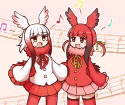  2girls :d aticotta bad_id bad_pixiv_id black_hair blunt_bangs brown_eyes commentary frilled_sleeves frills gradient_hair head_wings japanese_crested_ibis_(kemono_friends) kemono_friends long_sleeves looking_at_another medium_hair multicolored_hair multiple_girls music musical_note open_mouth pantyhose pleated_skirt red_hair red_legwear red_skirt scarlet_ibis_(kemono_friends) sidelocks singing skirt smile staff_(music) symbol-only_commentary thighhighs white_hair wide_sleeves wings 