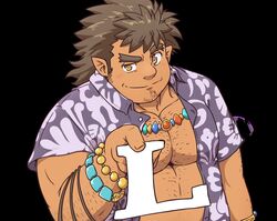  1boy andvari_(housamo) bad_id bad_twitter_id bara belly black_background blush chest_hair dark-skinned_male dark_skin dr._phil_handing_you_the_l_(meme) facial_hair fat fat_man goatee highres jewelry lisuchi male_focus mature_male meme muscular muscular_male necklace open_clothes open_shirt parody pectoral_cleavage pectorals raised_eyebrow short_hair sideburns smile solo stomach stubble tokyo_afterschool_summoners upper_body 