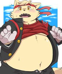  2022 anthro belly blush boron_brioche bottomwear clothing cyberconnect2 felid felineko fuga:_melodies_of_steel hi_res humanoid_hands kemono little_tail_bronx male mammal navel overweight overweight_male pants shirokumaou solo 