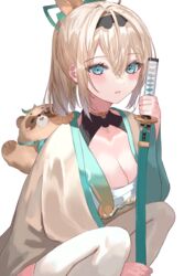  absurdres animal animal_on_back black_gloves black_hairband blonde_hair blue_eyes blush breasts chest_sarashi cleavage crossed_bangs female fingerless_gloves gloves hair_ornament hairband haori highres holding holding_sword holding_weapon hololive japanese_clothes katana kazama_iroha kazama_iroha_(1st_costume) leaf_hair_ornament long_hair medium_breasts open_mouth pokobee ponytail sarashi sheath sheathed shrug_(clothing) squatting sword syotaisverycute tanuki thighhighs virtual_youtuber weapon white_background white_thighhighs wide_sleeves 