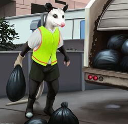  2022 american_opossum anthro black_ears bottomwear building clothing countershade_face countershading detailed_background footwear garbage_truck gloves green_bottomwear green_clothing green_pants green_shorts handwear heavy_truck high-vis lemurlemurovich long_tail male mammal marsupial outside pants pink_nose plant shoes shorts solo standing tail topwear trash trash_bag tree truck truck_(vehicle) vehicle work 