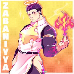  1boy bara black_bodysuit bodysuit character_name cross facial_hair fire flaming_halo frown halo highres hip_vent lisuchi looking_at_viewer male_focus mature_male muscular muscular_male pectorals pelvic_curtain short_hair sideburns solo stubble tokyo_afterschool_summoners yellow_theme zabaniyya_(housamo) 