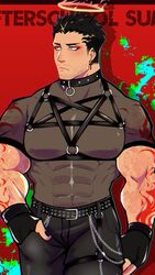  1boy alternate_costume bara black_collar chest_harness collar covered_abs covered_navel cowboy_shot cross cross_earrings earrings grey_shirt halo hand_in_pocket harness highres jewelry large_pectorals lisuchi looking_to_the_side male_focus mature_male muscular muscular_male pectorals shirt short_hair short_sleeves sideburns solo standing taut_clothes taut_shirt thick_thighs thighs tokyo_afterschool_summoners zabaniyya_(housamo) 